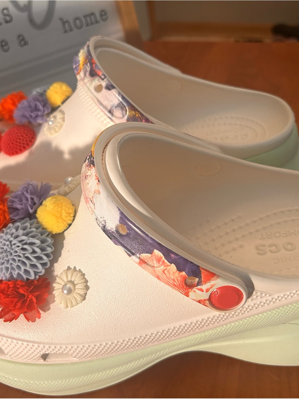 CROCS White Floral-Trim Platform Clogs with Multicolor Pom Accents